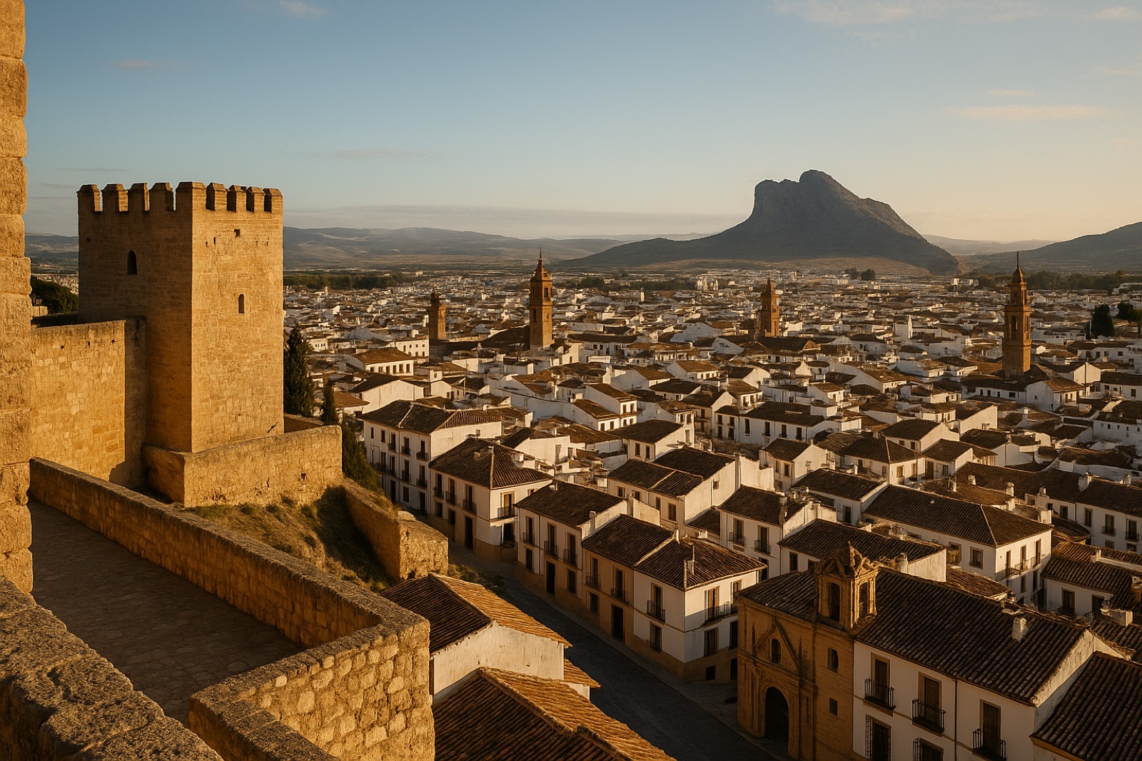Blick von der maurischen Alcazaba über die Altstadt von Antequera mit der Peña de los Enamorados im Hintergrund