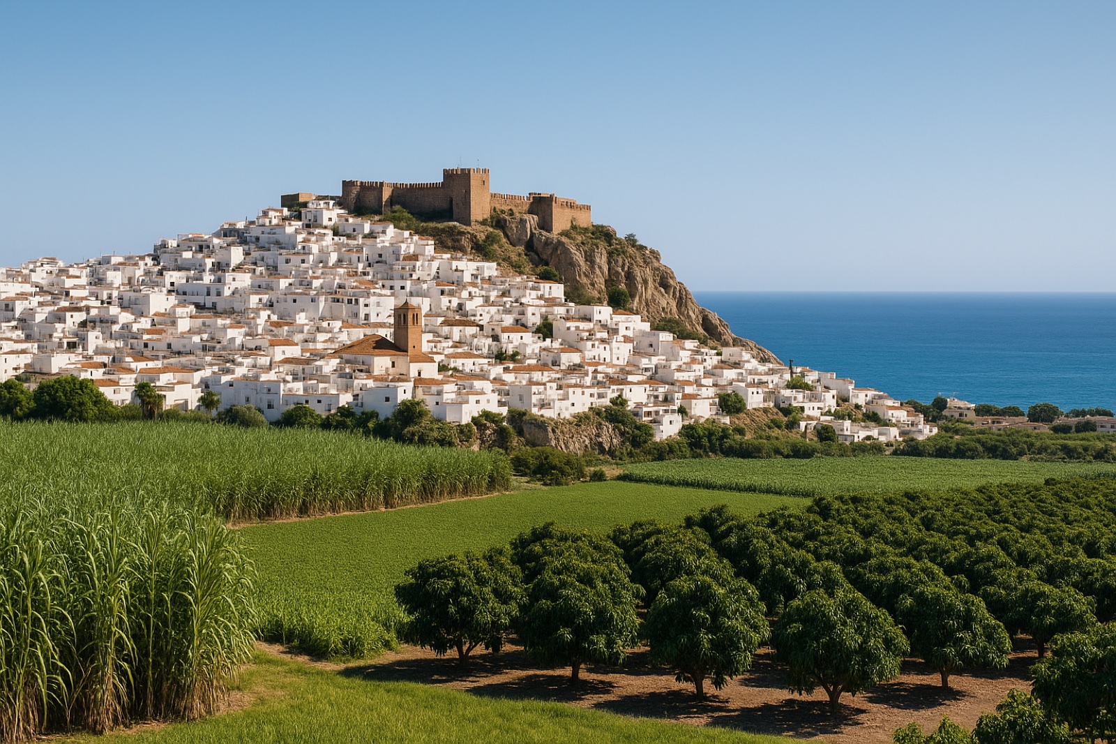 Das weiße Dorf Salobreña mit maurischer Burg auf einem Felsen über den grünen Feldern und dem Mittelmeer an der Costa Tropical