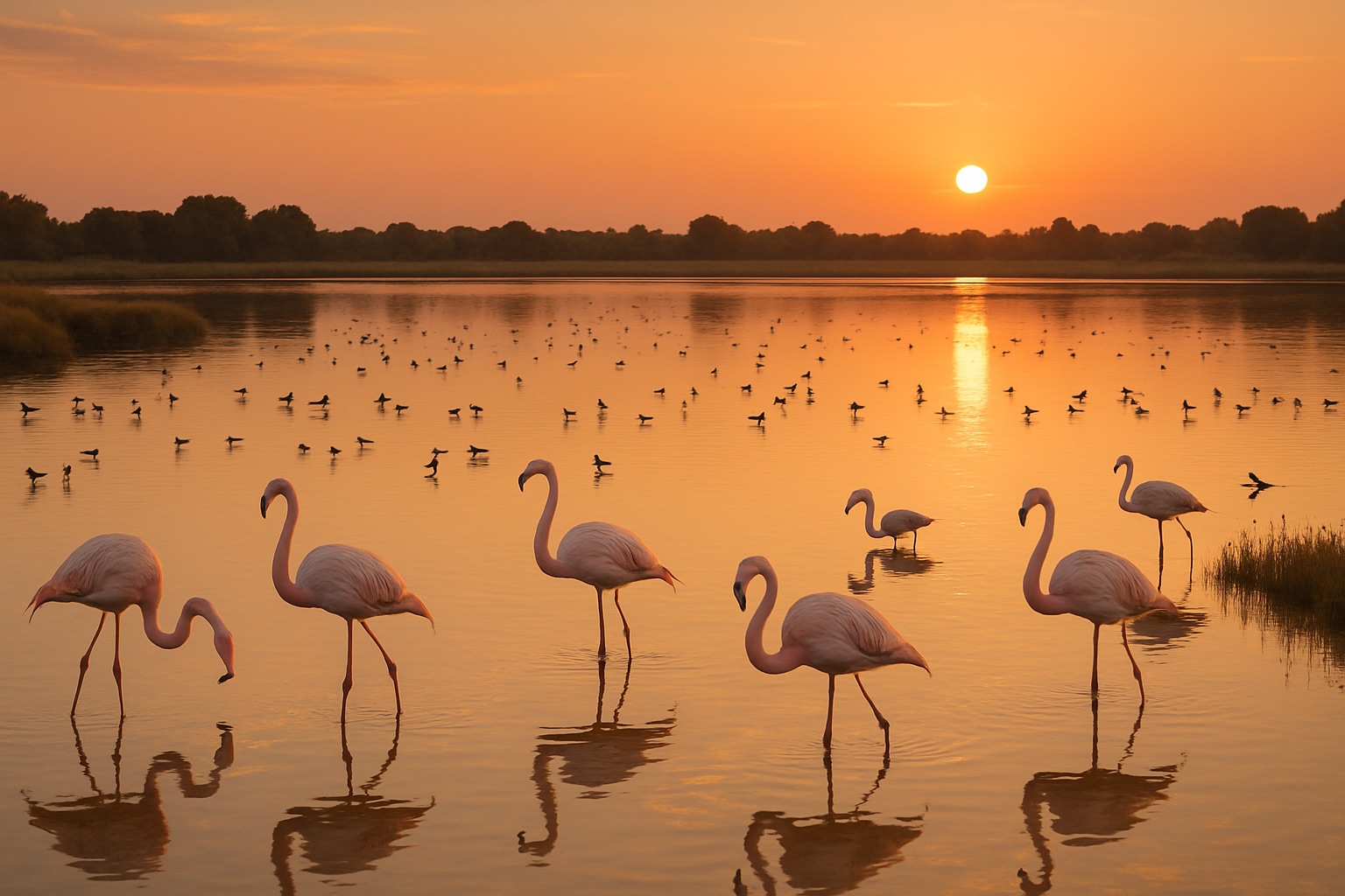 Flamingos und Wasservögel in den flachen Marismas des Nationalparks Doñana im Abendlicht