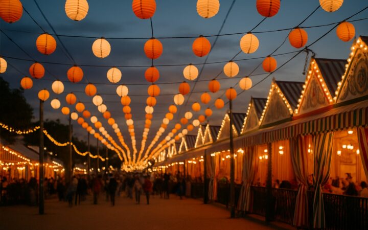 Bunte Lampions und Casetas bei einer Feria in Andalusien am Abend