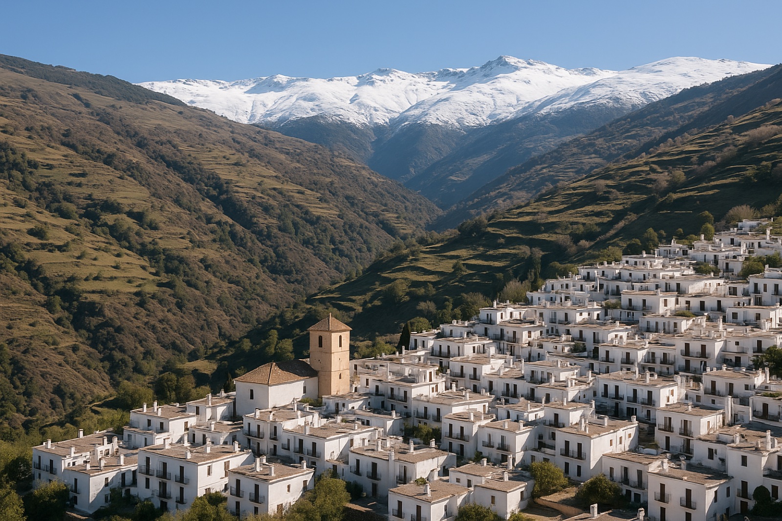 Weißes Bergdorf Capileira im Poqueira-Tal der Alpujarras mit terrassierten Hängen und den Gipfeln der Sierra Nevada