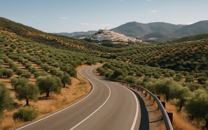 Kurvige Panoramastraße durch Olivenhaine in Andalusien