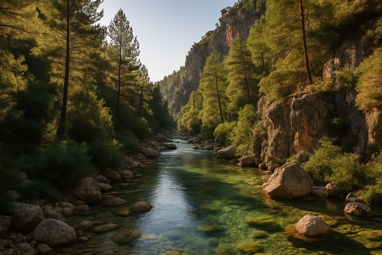 Bewaldete Kalkberge und ein türkiser Stausee im Naturpark Sierra de Cazorla in der Provinz Jaén