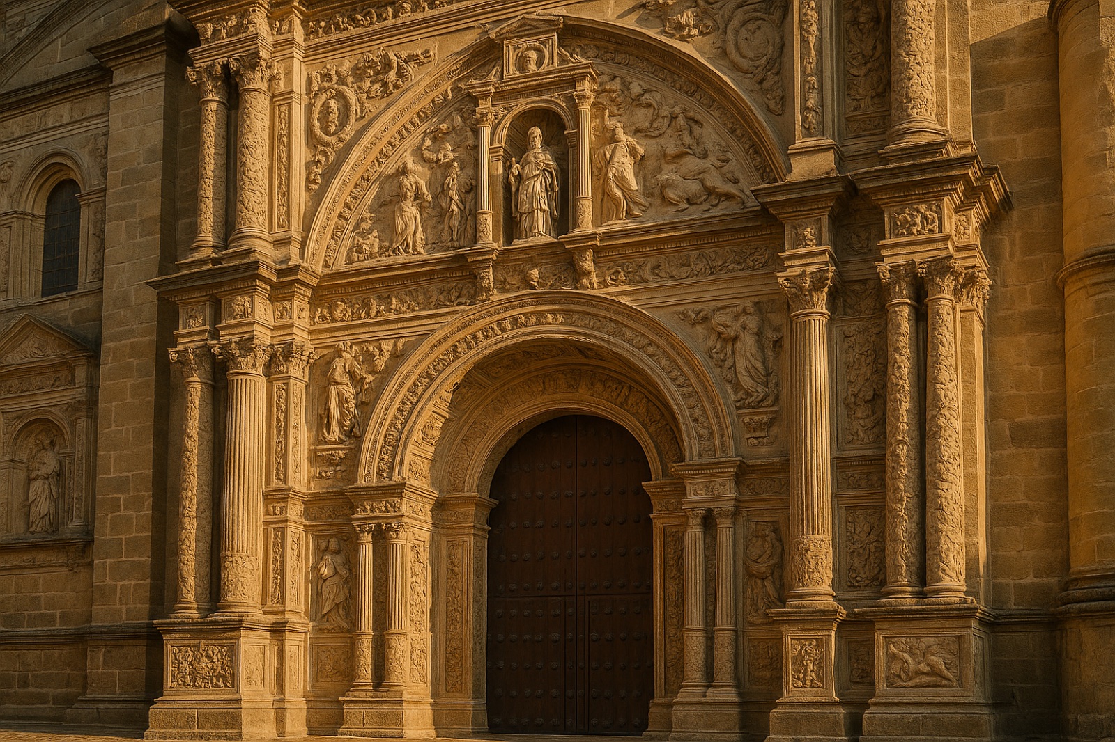 Renaissance-Fassade der Sacra Capilla del Salvador an der Plaza Vázquez de Molina in Úbeda im warmen Abendlicht