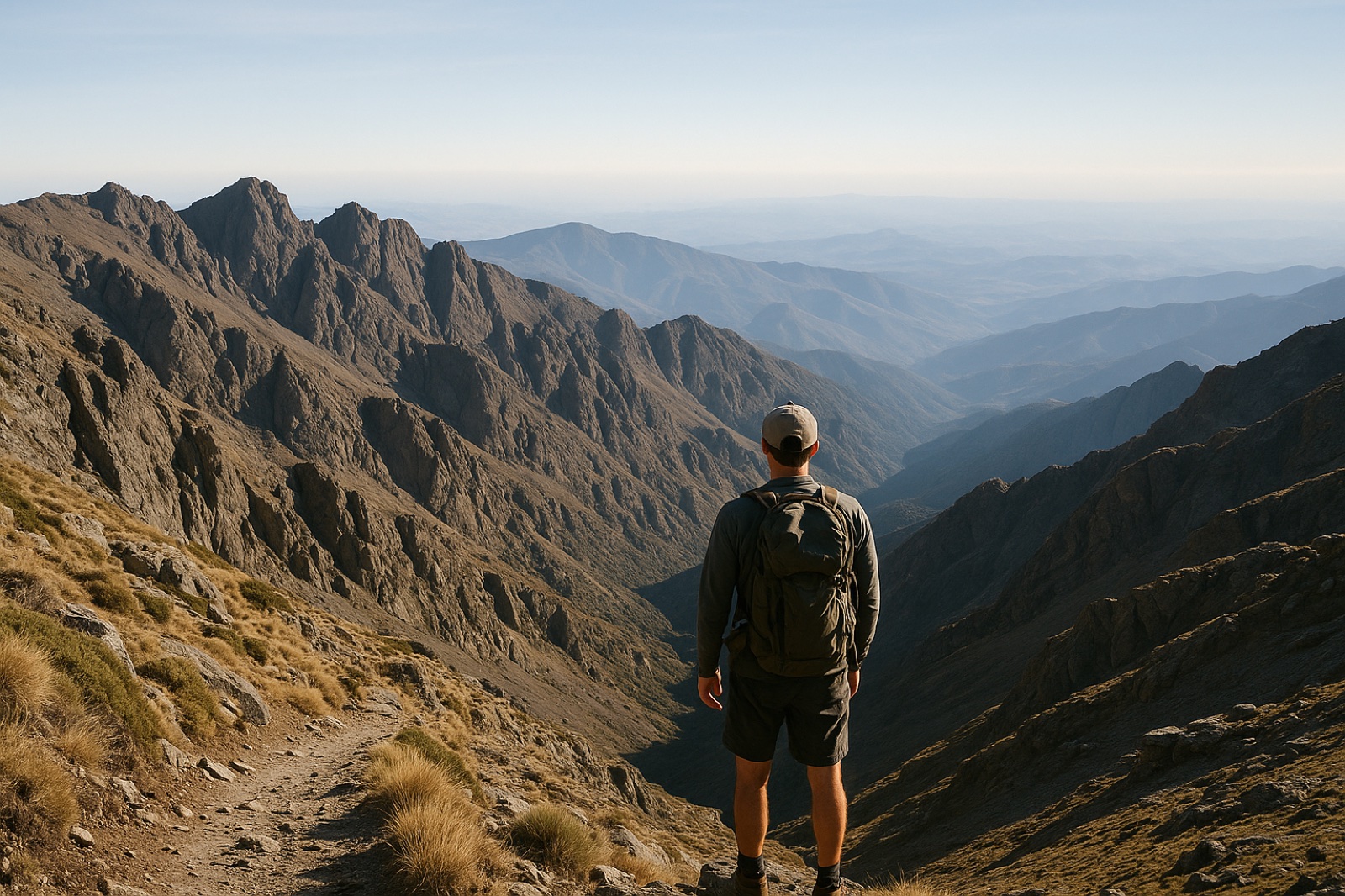 Wanderer auf einem Bergpfad in der Sierra Nevada in Andalusien mit weitem Blick über die Gipfel im Morgenlicht